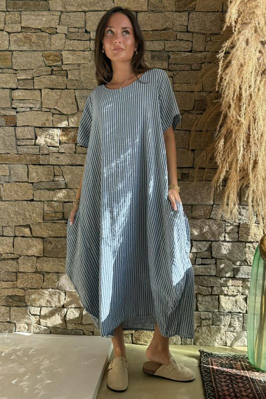 Salcombe Chalk Stripe Cotton Cocoon Dress Denim